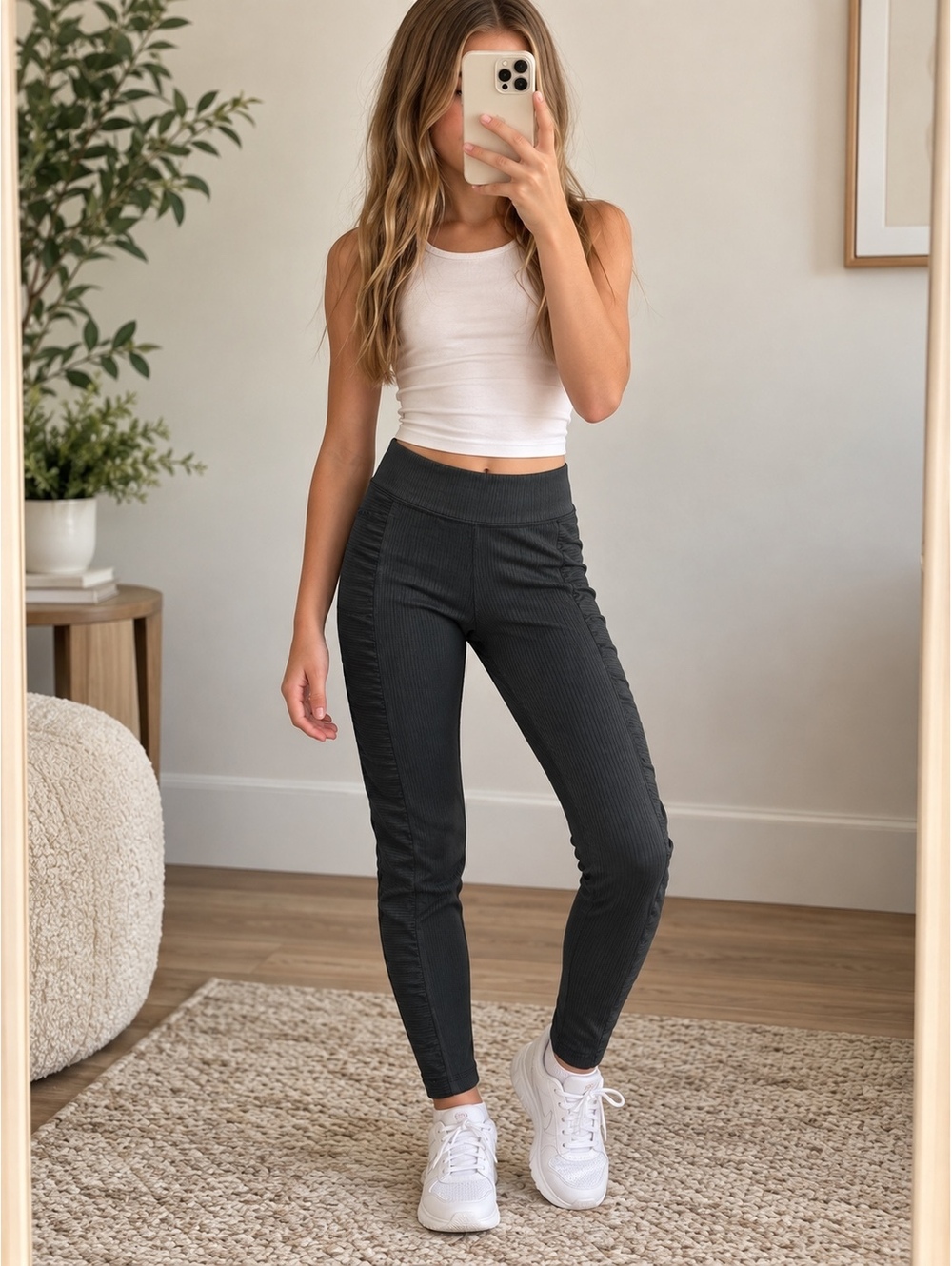Tek Gear Girls L 10/12 Black Ribbed Moto Leggings High Waist Athletic